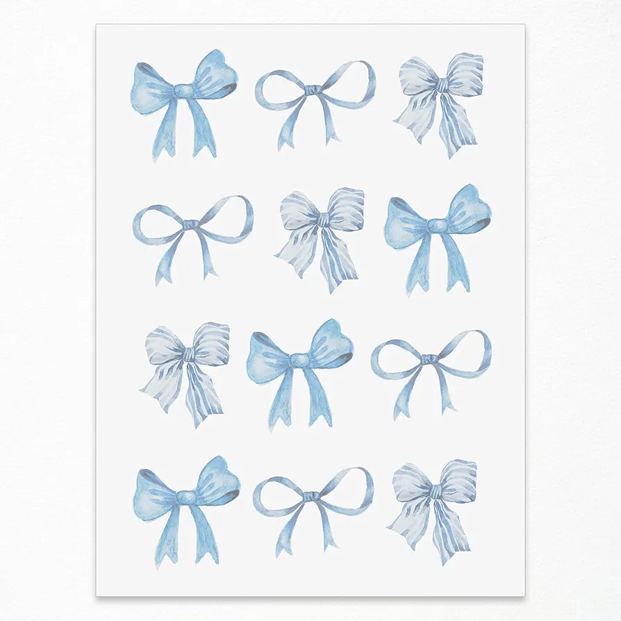 WBSTGUE Light Blue Watercolor Bow Wall Art Trendy Coquette Room Aesthetic Poster Balletcore Canvas Prints Rows of Bowknots Old Money Wall Decor for Bedroom Living Room 12x16 Inch Unframed