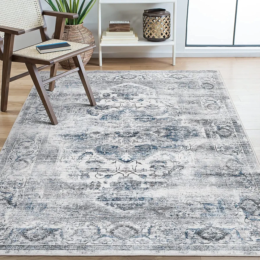 9x12 Area Rugs with Non Slip Backing - Stain Resistant Washable Rugs for Living Room，Bedroom & Dining Room，Vintage Printed Home Decor Rug (Blue/Grey,9'x12')