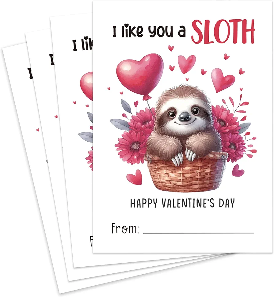 Classroom Valentine's Day Cards, 30 Pack Sloth Greetings Valentine's Day Cards for Kids, 5 x 3.5 Inch School Valentine's Day Gift Tags, Gender Neutral - GV04