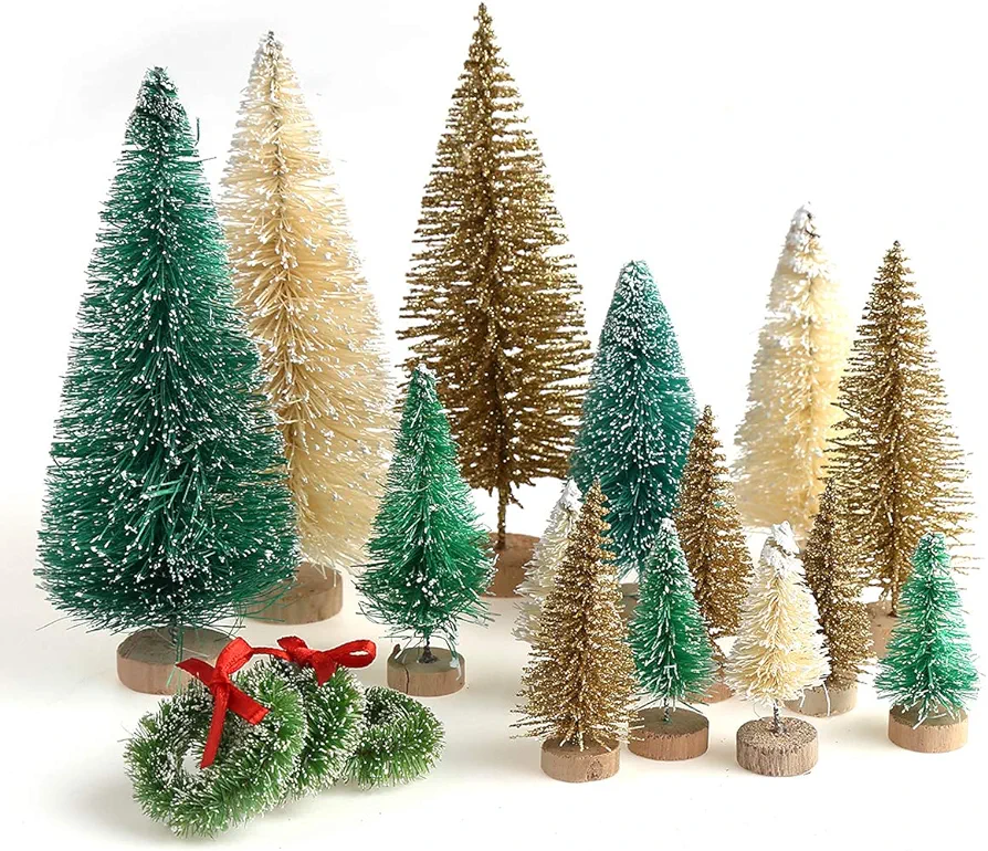 30 Pieces Miniature Sisal Frosted Christmas Trees Bottle Brush Mini Trees Plastic Tabletop Trees Ornaments for Christmas Room Decor Home Table Top Decoration and Crafts