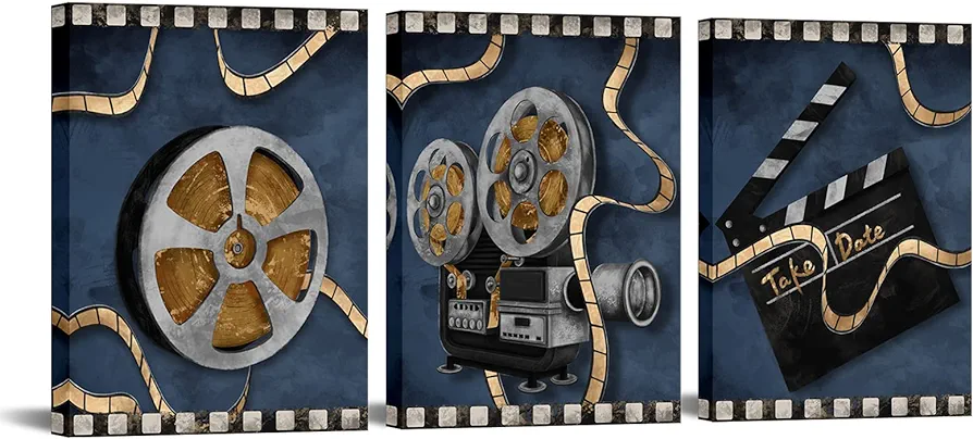 NutArtPic Movie Theater Canvas Wall Art Film Painting Clapperboard and Projector Art Prints Cinema of Vintage Film Reels Artwork for Theator Room Framed Ready to Hang 12"x16"x 3 Piece