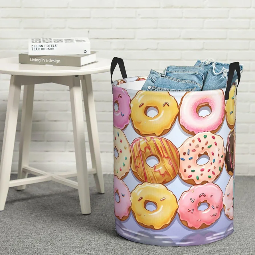 Laundry Basket Waterproof Laundry Hamper With Handles Dirty Clothes Organizer Cute Donuts Print Protable Foldable Storage Bin Bag For Living Room Bedroom Playroom, Small, Black