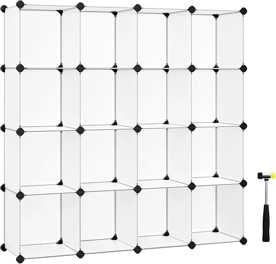 SONGMICS Cube Storage Organizer, Set of 16 Plastic Cubes, Book Shelf, Closet Organizers and Storage, Room Organization, Bedroom Living Room, 12.2 x 48.4 x 48.4 Inches, White ULPC44L