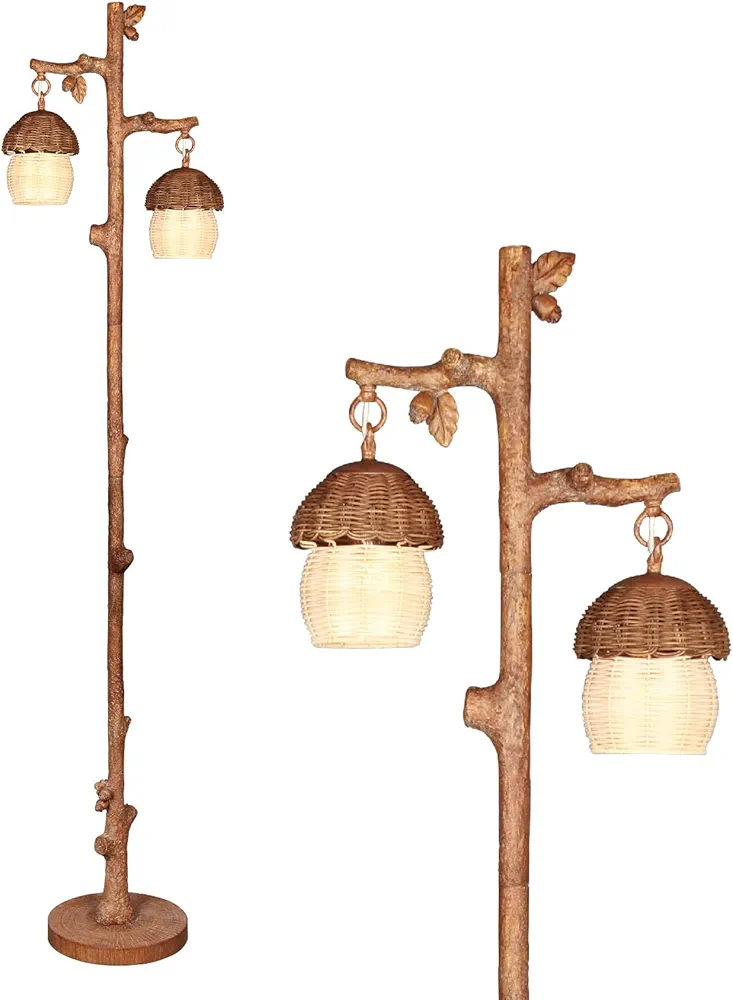 Rattan Floor Lamp with Faux Wood Finish, Boho Floor Lamps with Faux Pinecone and Leaves Decor, Brown