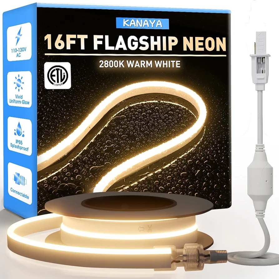 KANAYA 16ft Led Neon Rope Lights Warm White 2800K, ETL Listed Neon Light Strip IP65 Waterproof, AC 110-120V Connectable Flexible Neon Rope for Home Commercial Building Indoor Outdoor Decor