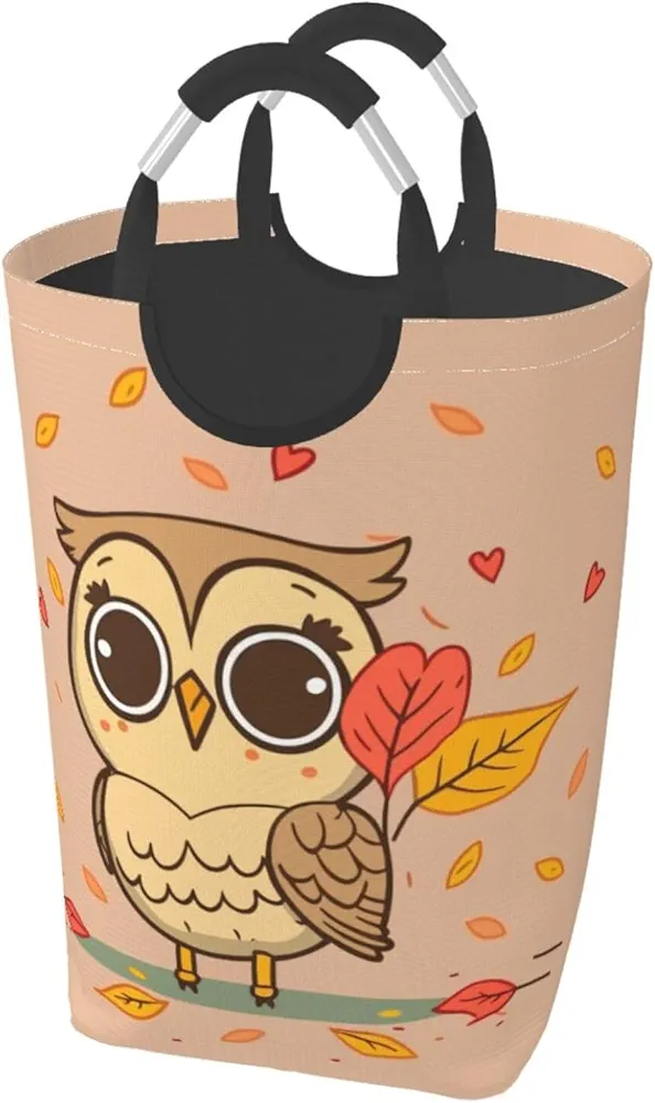 Collapsible Laundry Basket with Aluminum Handle, 50L Large Capacity Waterproof Cartoon Graffiti Owl Pattern Dirty Clothes Hamper for Bedroom Bathroom Living Room