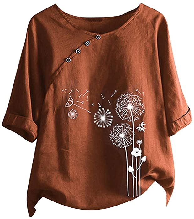 Women Summer Cotton Linen Tshirt Tops Trendy Dandelion Print Casual Loose Fit Tunic Tee Lady Plus Size Crewneck Blouse