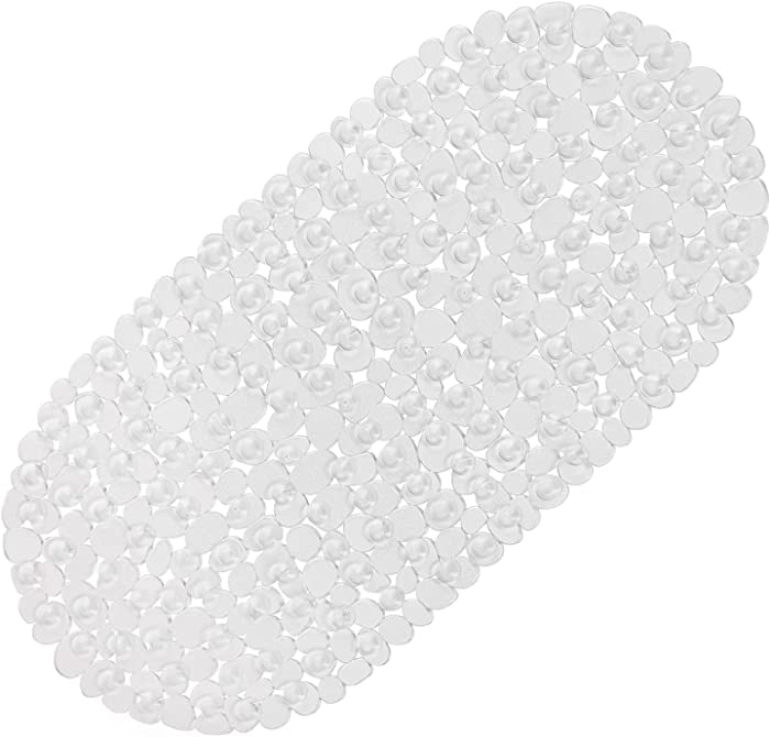 WELTRXE Pebbles Bath Mat Clear Non-Slip Bathtub Mat with Suction Cups, Drain Holes for Bathroom Showers, Tub, Machine Washable, BPA, Latex Free Safe Shower Mats, Oval 27 x 14 Inch