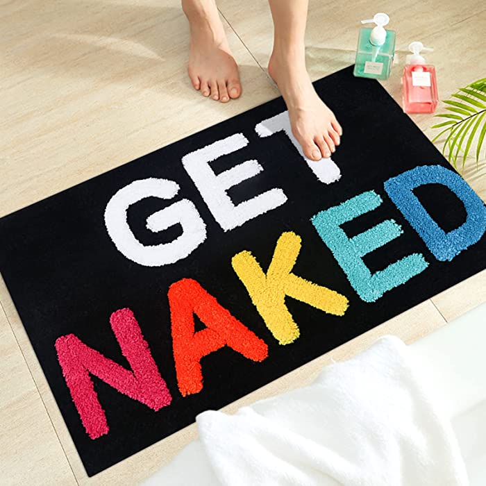 Yuang Get Naked Bath Mat Funny Bathroom Colorful Rugs Non-Slip Black Bath Mats Soft Thick Microfiber Absorbent Bath Rug for Bathroom 32IN x 20IN