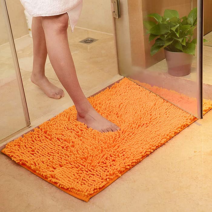 vctops Plush Chenille Bath Rugs Extra Soft and Absorbent Microfiber Shag Rug, Non-Slip Runner Carpet for Tub Bathroom Shower Mat Orange 16" X 24"