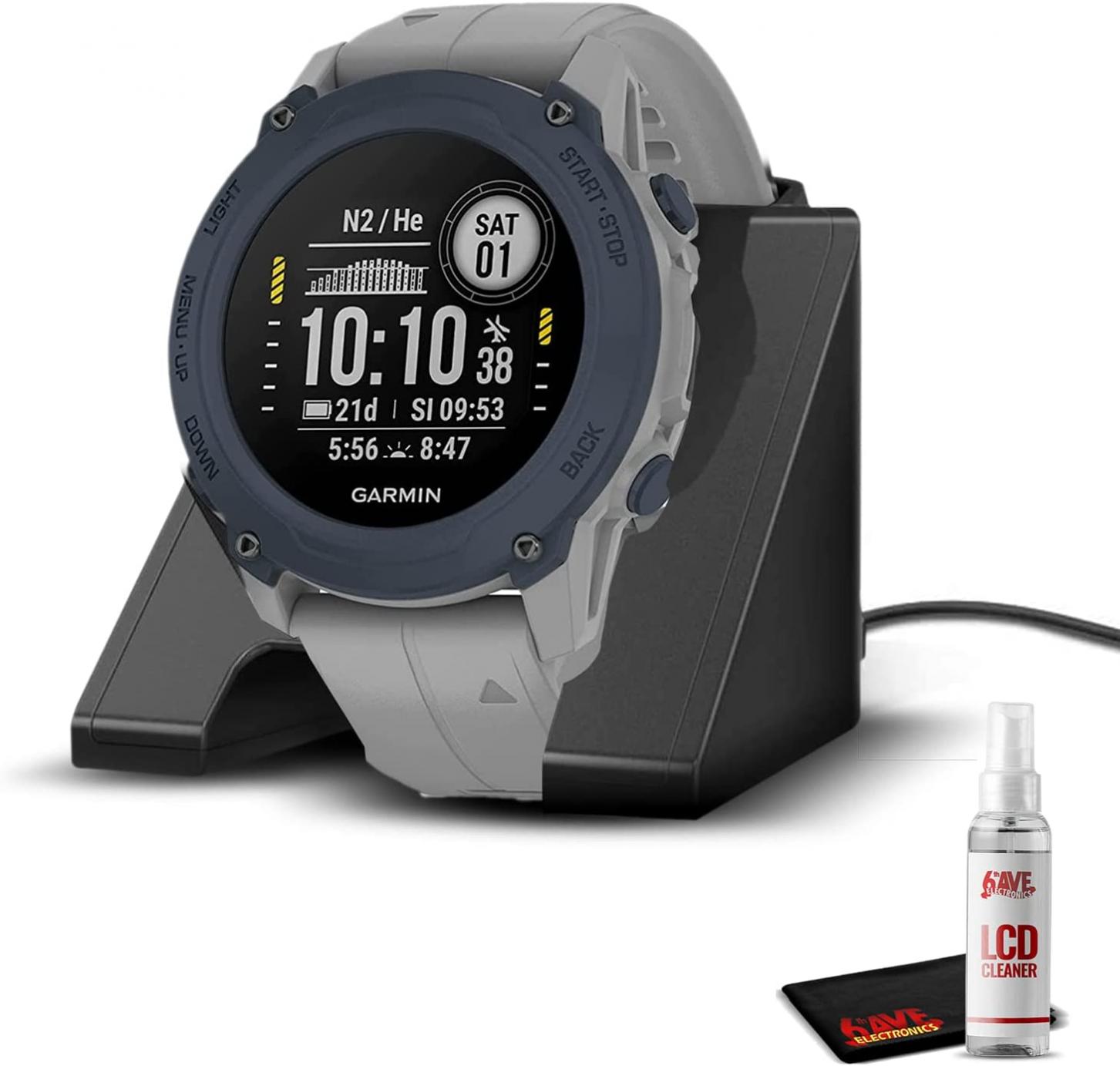 Descent G1 Rugged Dive Computer with Solar Charging Capabilities, Multiple Dive Modes, Activity Tracking, Powder Grey (010-02604-01) with Watch Charging Base & 6Ave Cleaning Kit