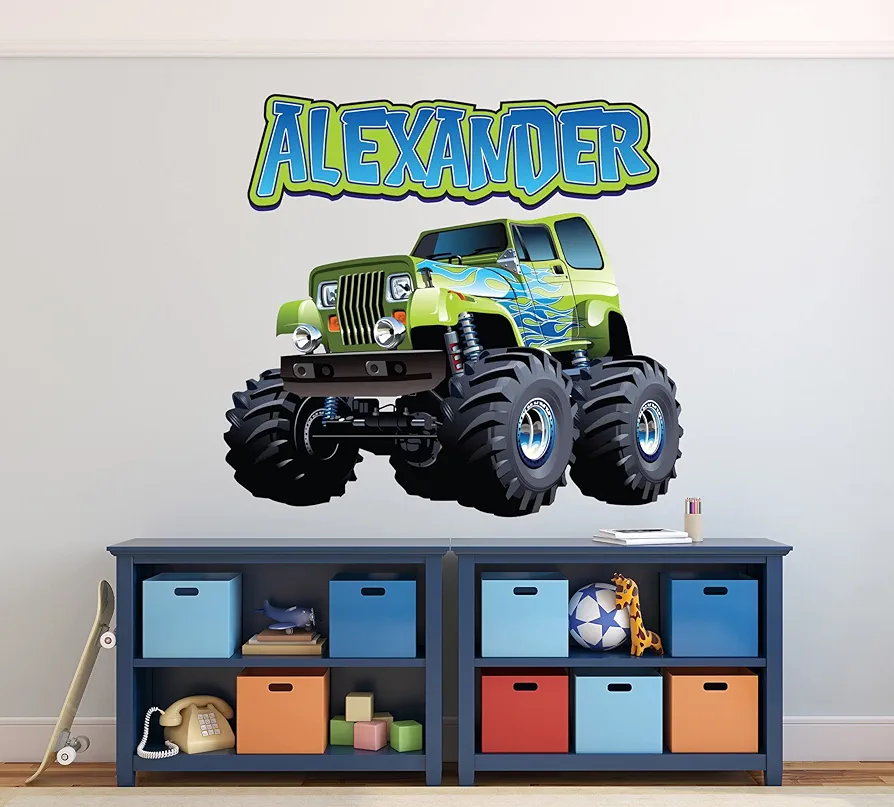 Custom Monster Truck Wall Decal - Monster Truck Wall Art – Personalized Name Wall Decals for Boys Bedroom – Car Kids Room Wall Decor