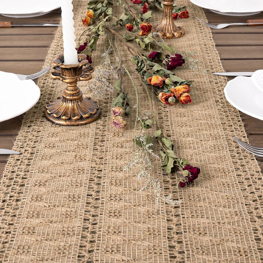 Socomi Boho Table Runner Macrame Farmhouse Woven Burlap Rustic Table Runner for Home Decor Dining Room Fall Thanksgiving Christmas Bridal Shower 13x36 inches Burlap Brown