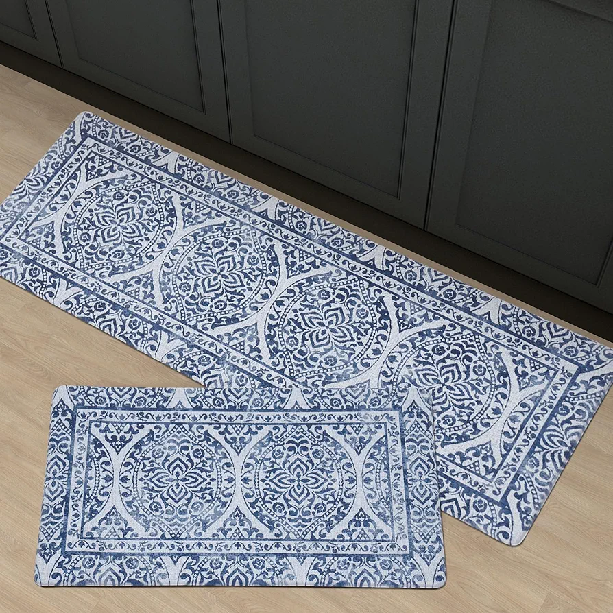 FRESHMINT 2 Piece Set Boho Kitchen Mats for Floor Bohemian Distressed Anti Fatigue Kitchen Rugs Vintage Farmhouse Cushioned Kitchen Runners for Standing Waterproof & Non-Skid Comfort, Washed Indigo