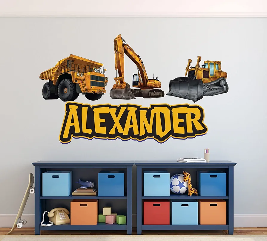 Custom Truck Wall Decals Personalized Name Wall Decals for Boys Bedroom Construction Trucks Kids Room Wall Decor Stickers