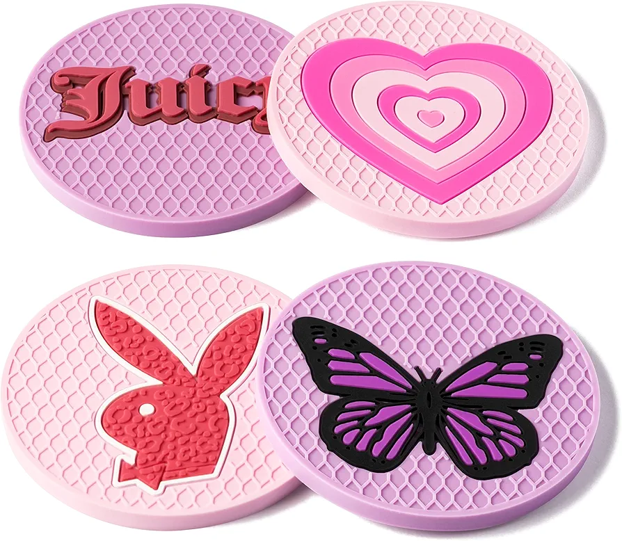 4Pcs Y2k Car Cup Coaster Preppy Non-Slip Silicone Drink Coasters Butterfly Rabbit Heart Cup Holder Heat Resistant Cups Mat Housewarming Gift Auto Accessories for Girls Pink Purple 2.8 In