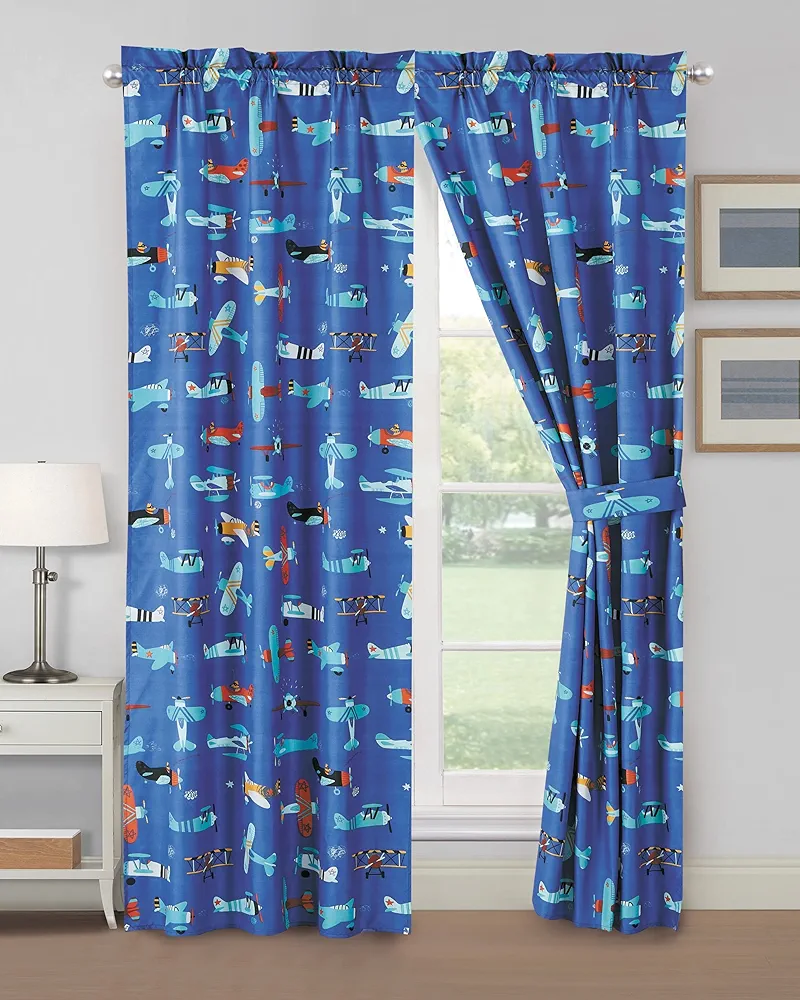 WPM WORLD PRODUCTS MART Blue skies Airplane Print curtain for boys girls bedroom 4 Piece Blue Airplane theme Curtain for kids bedroom Set with Panel and tiebacks Design (AIRPLANE)