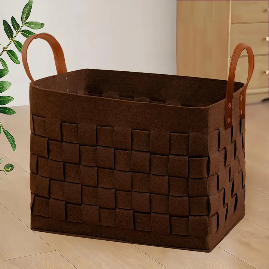 Laundry Basket 16.5”x13”x13”, Large Rectangular Felt Fabric Blanket Basket with Leather Handle, Dirt Clothes Laundry Hamper for Babies, Dogs and Living Room-Brown