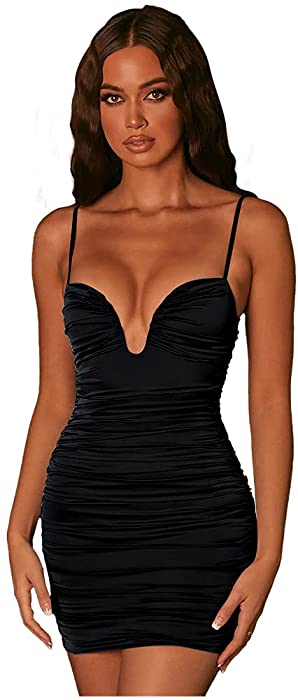 XLLAIS Women Spaghetti Strap Side Ruched Back Zipper Bodycon Satin Tank Dress