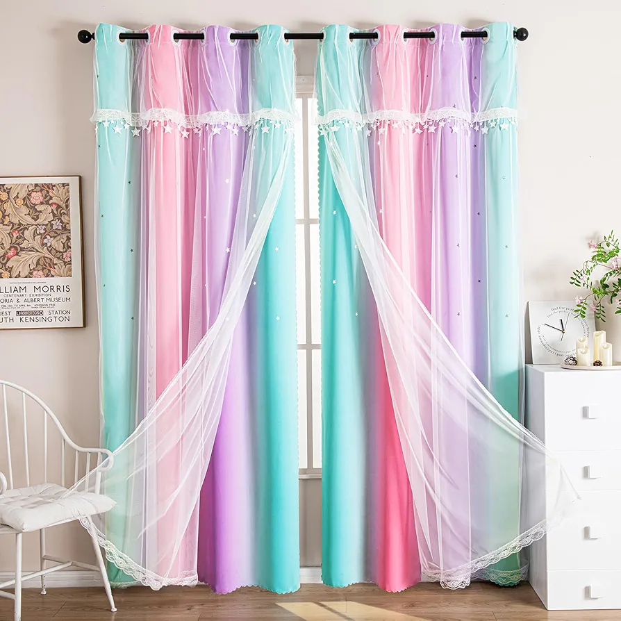 UNISTAR Curtains for Girls Bedroom Kids Room, Star Room Darkening Cutain for Princess Daughter Window Home Decor (Pink Purple Green /1Panel, W34 x L84)