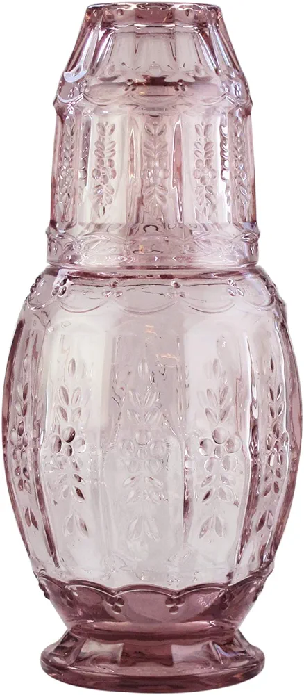 Elle Décor Vintage Bedside Water Carafe With Tumbler – Elegant Pitcher and Matching Drinking Glass Doubles As Lid For Guest Room, Office-Makes A Gift, 4.7x10.4, Pink