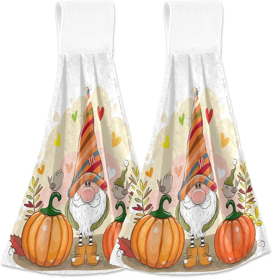 Autumn Gnome Pumpkins Hanging Kitchen Towel Fall Maple Leaves Bath Hand Tie Towels Set 2 Pcs Tea Bar Dish Cloths Dry Towel Soft Absorbent Durable for Bathroom Laundry Room Decor