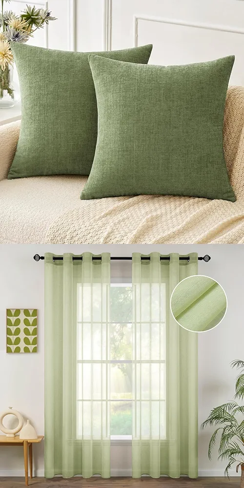 MIULEE Pack of 2 Couch Throw Pillow Covers 18x18 Inch Soft Sage Green Spring Chenille for Sofa Living Room Solid Dyed Pillow Cases Bundle Grommet Linen Sheer Curtains 84 inches Long 2 Panels