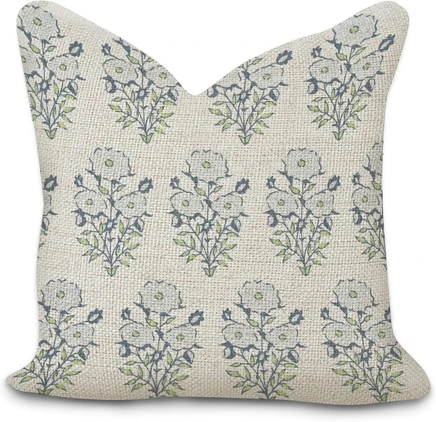 Light Blue Flower Cushion Cover Cases with Zipper 18x18in Farmhouse Cotton Linen Square Accent Throw Pillow Cases for Living Room Bed Couch Sofa Chair Home Décor Housewarming Gifts