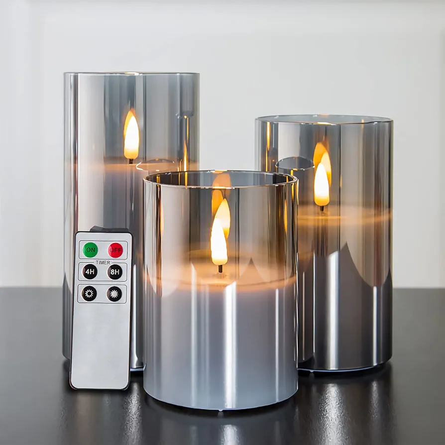 Eywamage Silver Grey Glass Flameless Candles with Remote, Battery Operated Flickering LED Pillar Candles Set of 3