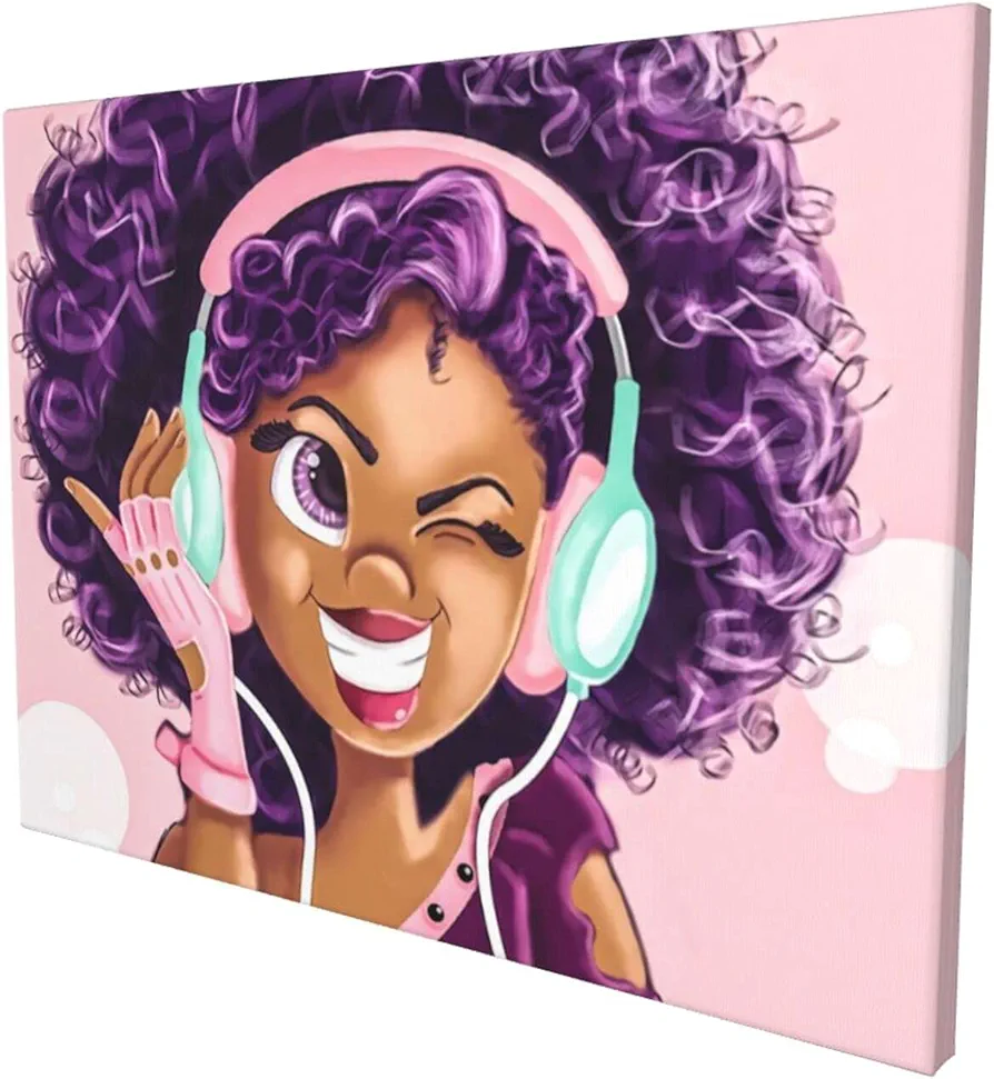 Afro Girl Canvas Wall Art Black Girl Love Music Magic Purple Hair Canvas Art Poster Pink Wall Decor for Girls Room Bedroom Living Ready To Hang 12X16 inch