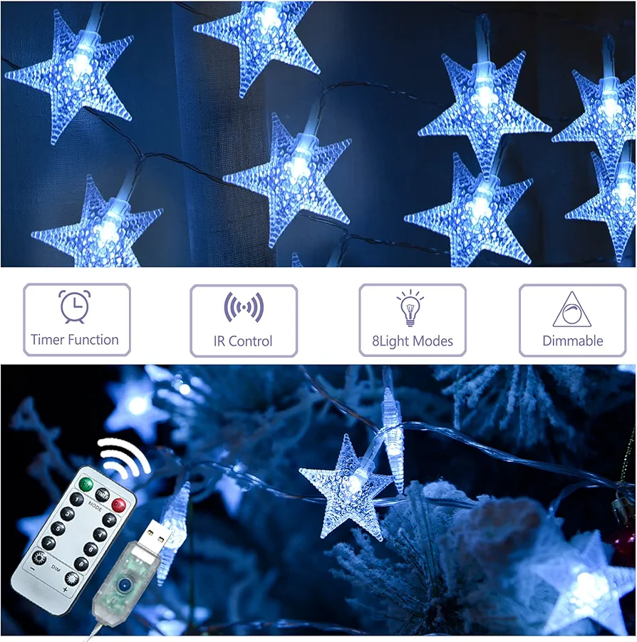 WEISITE Star Lights, 20FT 40Led Christmas Star String Lights with 8 Modes Remote Timer Control for Bedroom,Kids Room, Christmas，New Year, Party，Wedding Decoration(White)