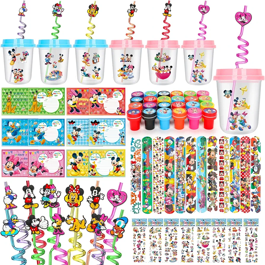 Party Favors Gift Set for Kids - 144pcs Goodie Bag Stuffers With Cups Straws Stickers Slap Bracelets Stamps Cards Party Birthday Party Decorations Prizes Treasure Box Toys for Classroom