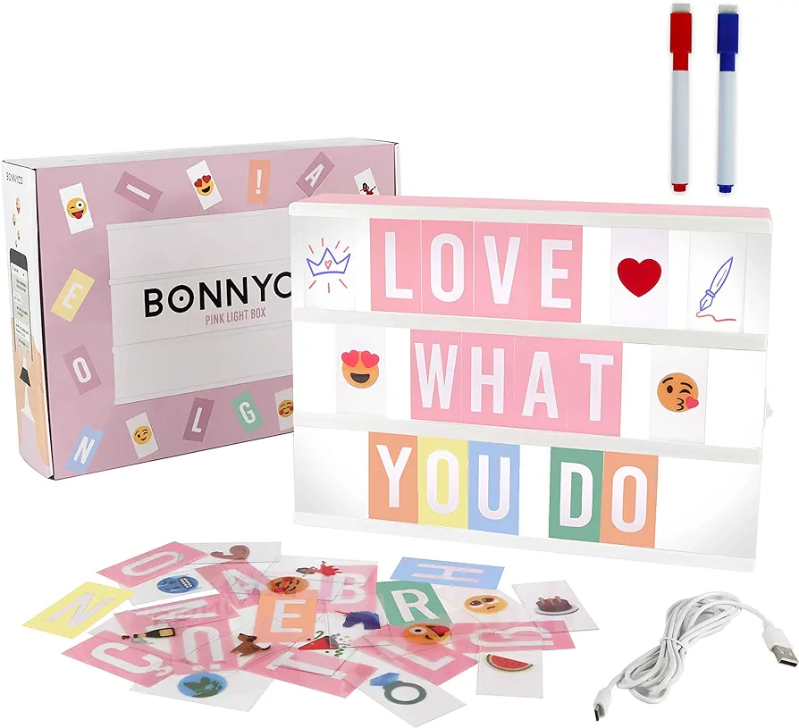 Pink Cinema Light Box with 400 Letters & Emojis & 2 Markers - BONNYCO | Led Light Box Home Office & Room Decor | Light Up Sign Letters Board Gifts for Women & Girls Christmas & Birthdays | Pink Decor