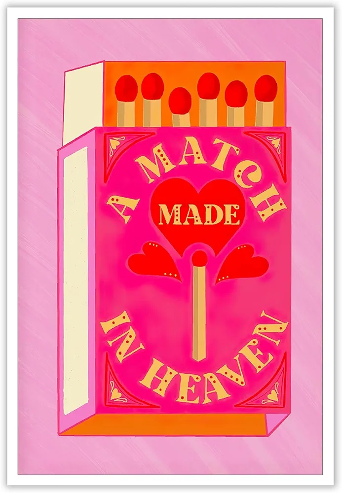 Retro Funny Pink Match Made in Heaven Poster Print Trendy Room Aesthetic Wall Art Decor Vintage Pink Minimalist Style Preppy Wall Art Girl Bedroom Dorm Room Decor Canvas 12x16Inch Unframed