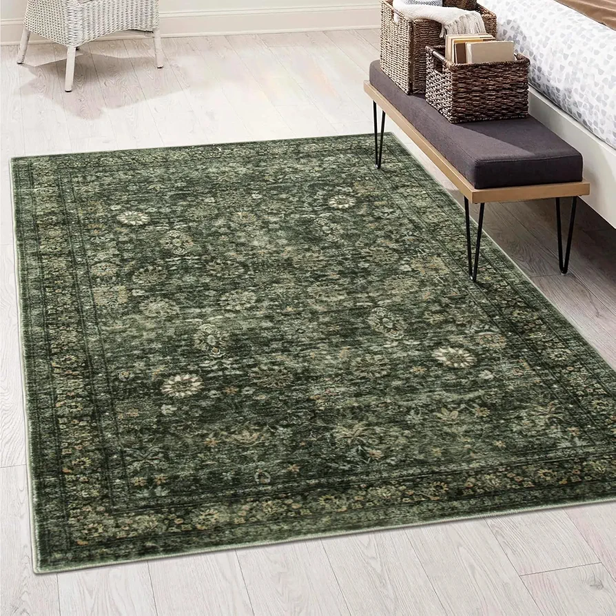 5 x 7 Area Rugs Washable Rug Boho Soft Living Room Rugs, Non-Slip Non-Shedding Faux Wool Large Vintage Rug for Bedroom Farmhouse Dining Room Indoor Playroom,Dark Green