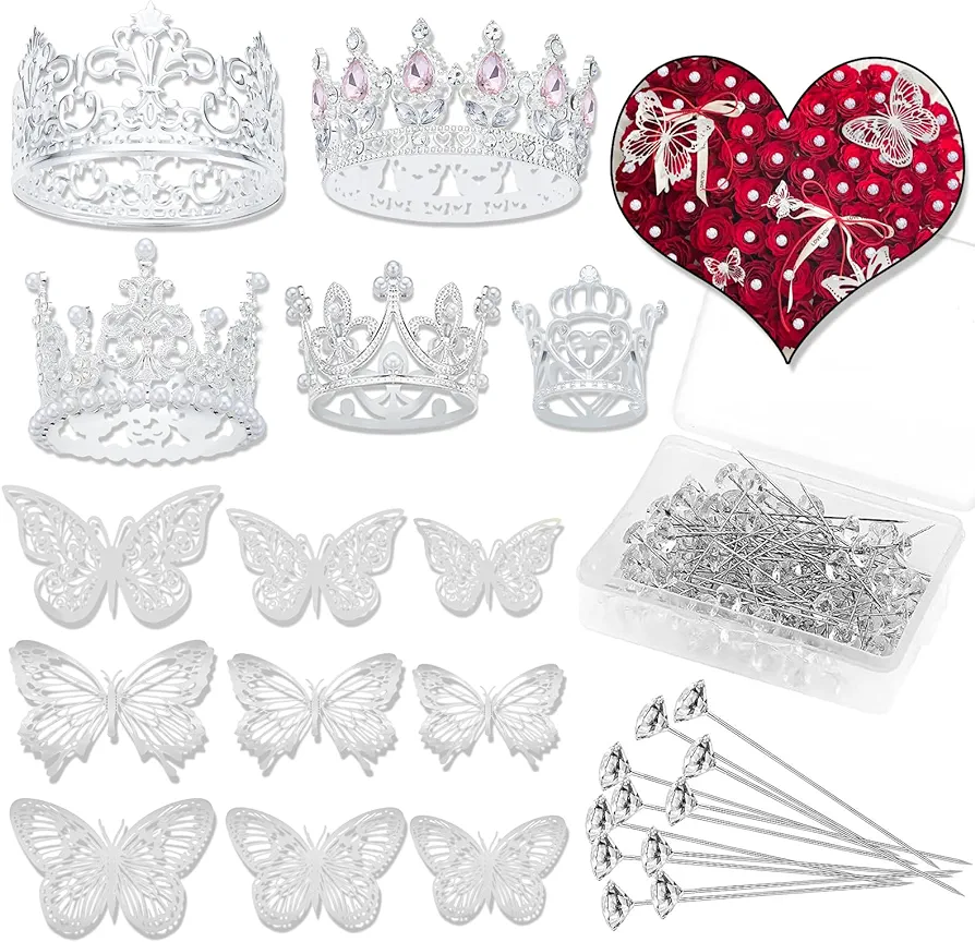 Flower Bouquet Accessories & Crowns for Flower Bouquets, Including 5 Pcs Cake Mini Crown Topper, 36 Pcs Butterfly Decorations&100 Pcs Flower Pins (Mini Crown and Butterfly (Silver))