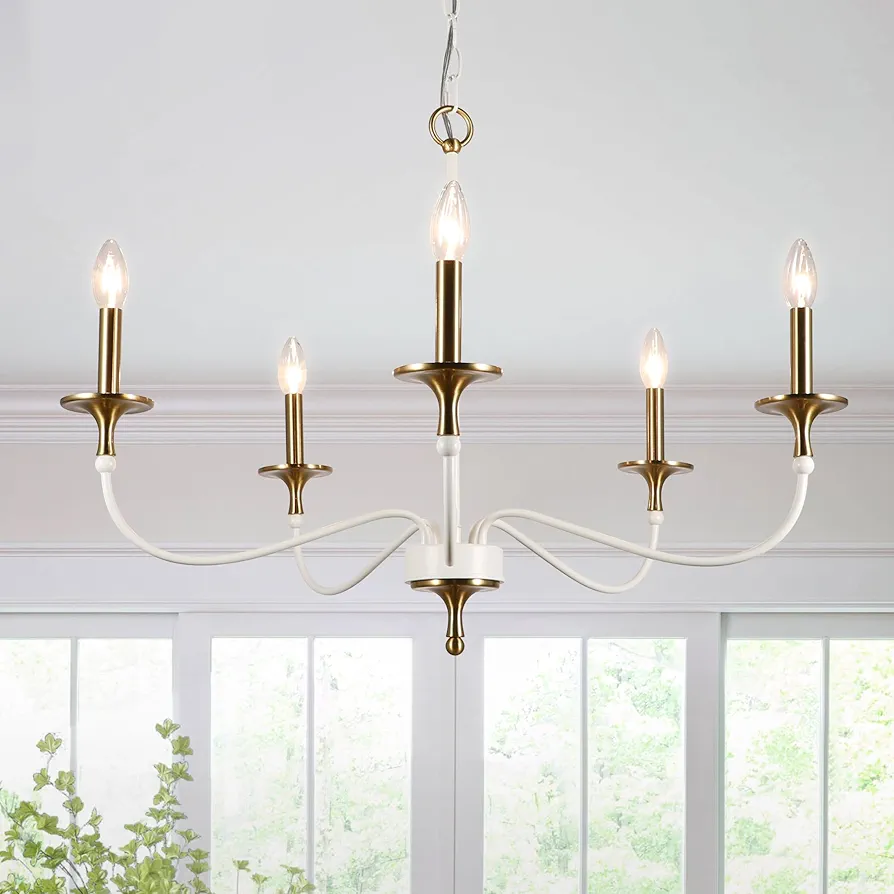 Modern Farmhouse Chandelier for Dining Room, 5 Lights Chandelier Light Fixture Adjustable Height, White and Gold Hanging Candle Pendant Lighting for Kitchen Island Living Room, DD020-5-WH