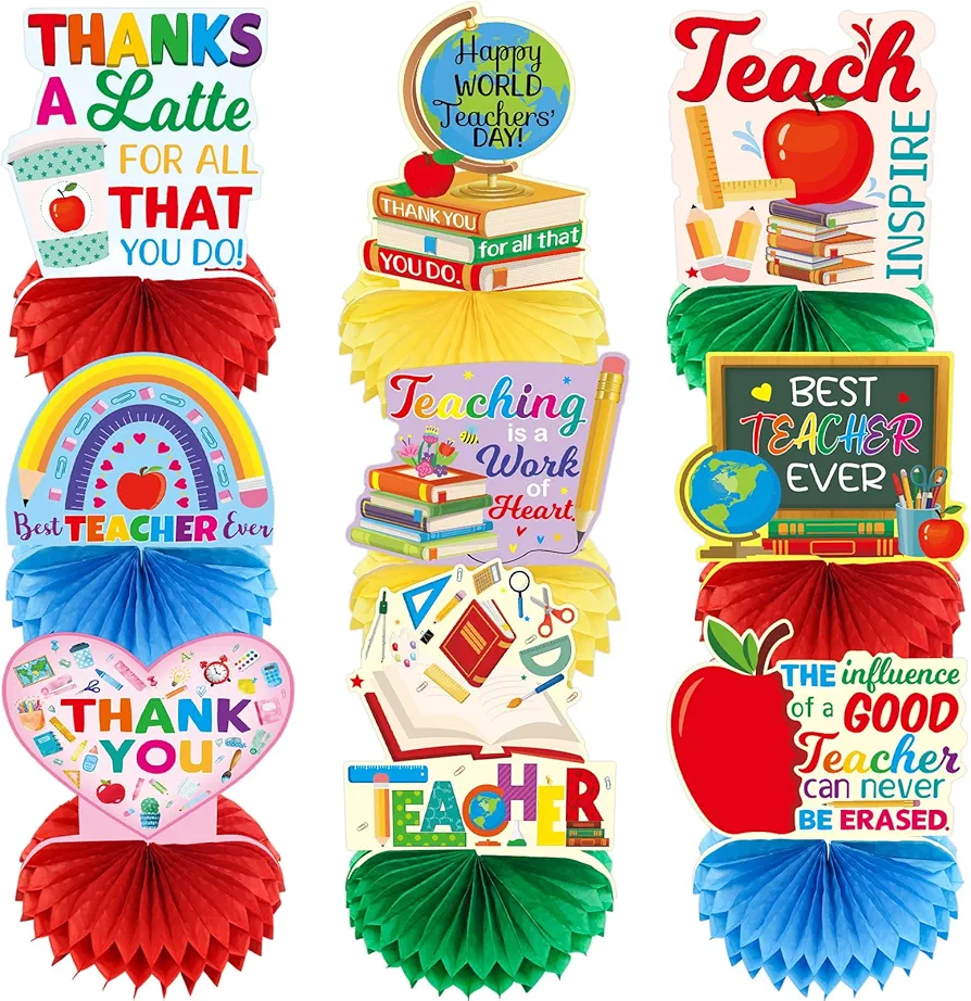 9Pcs Teacher Appreciation Honeycomb Centerpieces Thank You Teachers Table Decorations Sign Decor Party Home Classroom Supplies