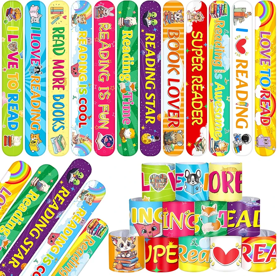 48 Pcs Reading Book Love to Read Slap Bracelets Party Favors, Reading Book Wristbands Bracelets Goodie Bag Fillers for Reading Book Birthday Party Decorations Supplies Gifts for Kids Classroom Rewards