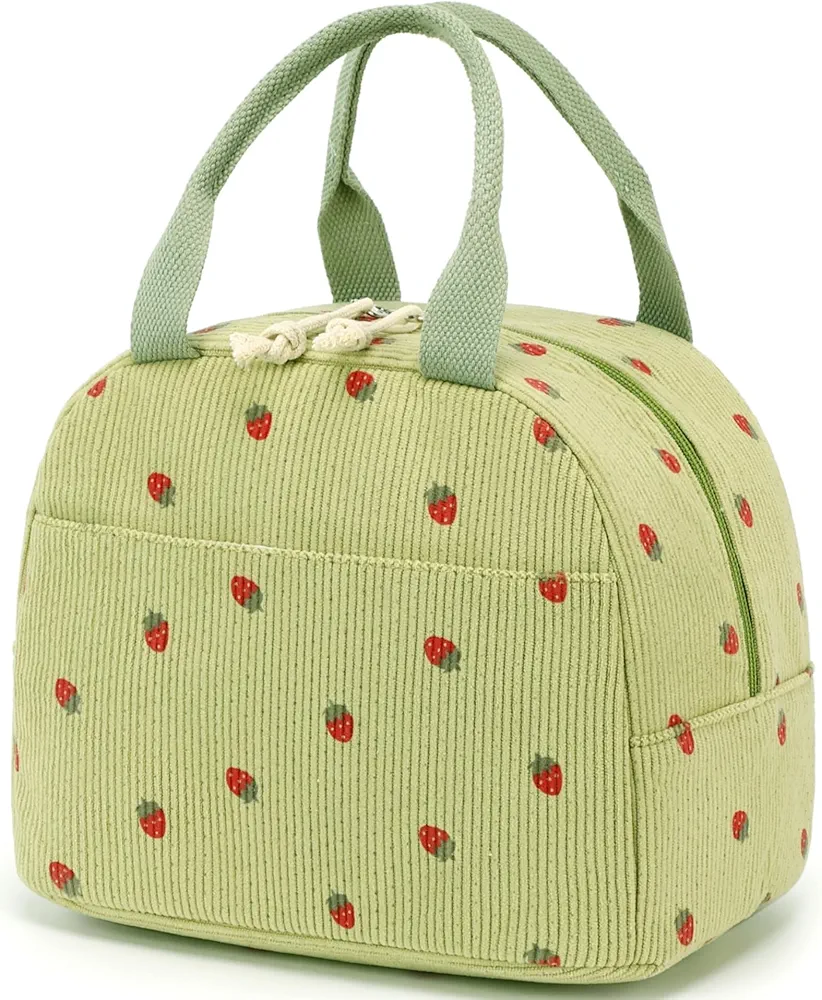 Bluboon Lunch Bag for Women Men Cute Corduroy Lunch Tote Bags Reusable Insulated Lunch Box Large Capacity Reusable Insulated Cooler for Work Picnic or Travel (Corduroy Strawberry Green)