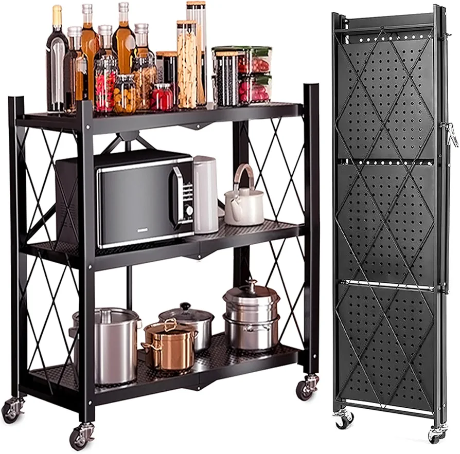 3-Tier Foldable Duty Storage Shelves with Wheels 13.4" D x 28" W x 34" H, Freestanding Shelving No Assembly Required, for Kitchen, Living Room, Garage