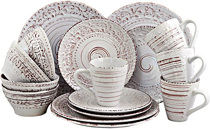 Elama Embossed Stoneware Ocean Dinnerware Dish Set, 16 Piece, Seashell and White Sand