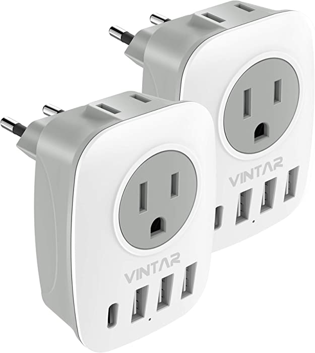 [2-Pack] European Travel Plug Adapter, VINTAR International Power Adaptor with 1 USB C, 2 American Outlets and 3 USB Ports, 6 in 1 Travel Essentials to Most of Europe Greece, Italy(Type C)