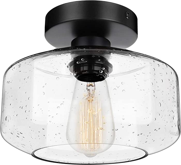 Industrial Semi-Flush Mount Ceiling Light, Seeded Glass Pendant Lamp Shade, Black Farmhouse Lighting for Hallway Porch Corridor Kitchen Bedroom, Modern Indoor Hanging Light Fixtures, Bulb Not Included