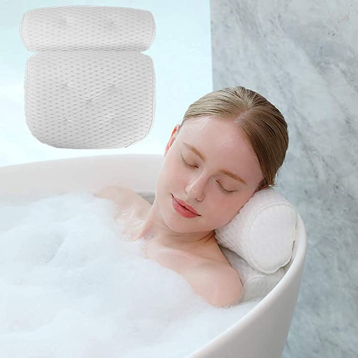 Bath Pillow for Bathtub, Bathtub Pillow for Soaking Tub, Bath Pillows for Tub Neck and Back Support, Bath Tub Pillow Headrest Non Slip, 4D Air Mesh Technology and 6 Suction Cups, Fits All Bathtub