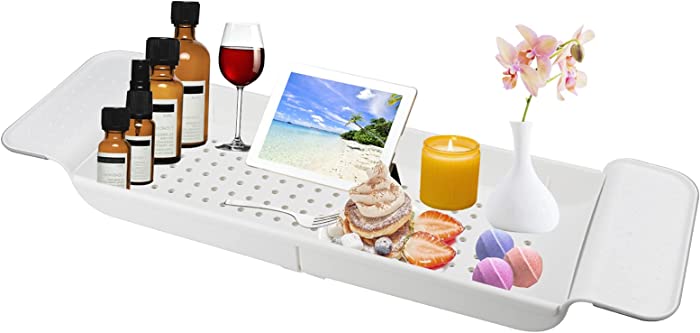 Expandable Drain Bath Shelf Caddy Tray, YOCOMEY Multifunctional Plastic Bathtub Tray Bathroom Organizer Simple Stylish Bathtub Storage Rack for Candle Towel, Book, Wine, Phone, Shower (White)