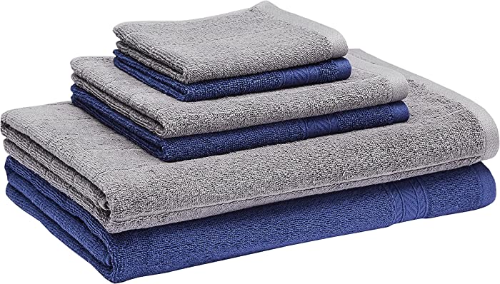 Amazon Basics 6-Piece Fade Resistant Bath, Hand and Washcloth Towel Set - Navy Blue/Dark Gray Pinstripes