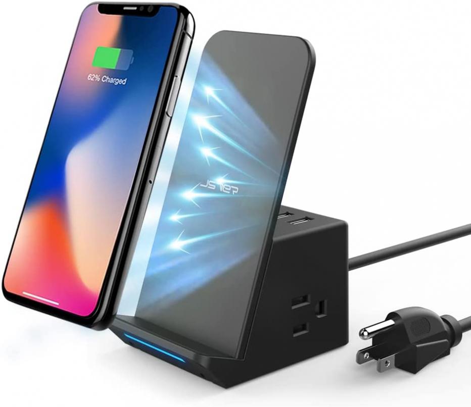 Qi Wireless Charger JSVER Wireless Charging Stand, Wireless Charger Power Strip with 2 USB Ports 2 Outlet,10W Fast Charging for iPhone 13/13 Pro Max/12/XR/XS,Galaxy S21/Note 20 (20W Built-in Adapter)