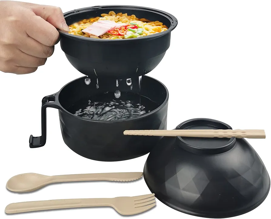 Ramen Cooker Ramen Bowl Set with Chopsticks 33oz Microwave Noodle Bowl College Dorm Room Essentials for Girls for Boys Apartment Essentials-Black