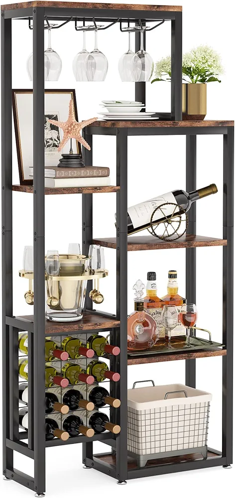 Wine Rack Freestanding Floor, 5-Tier Wine Baker Rack Wine Display Shelf with Glass Holder & Wine Storage for Bar, Kitchen, Dining Room, Rustic Brown